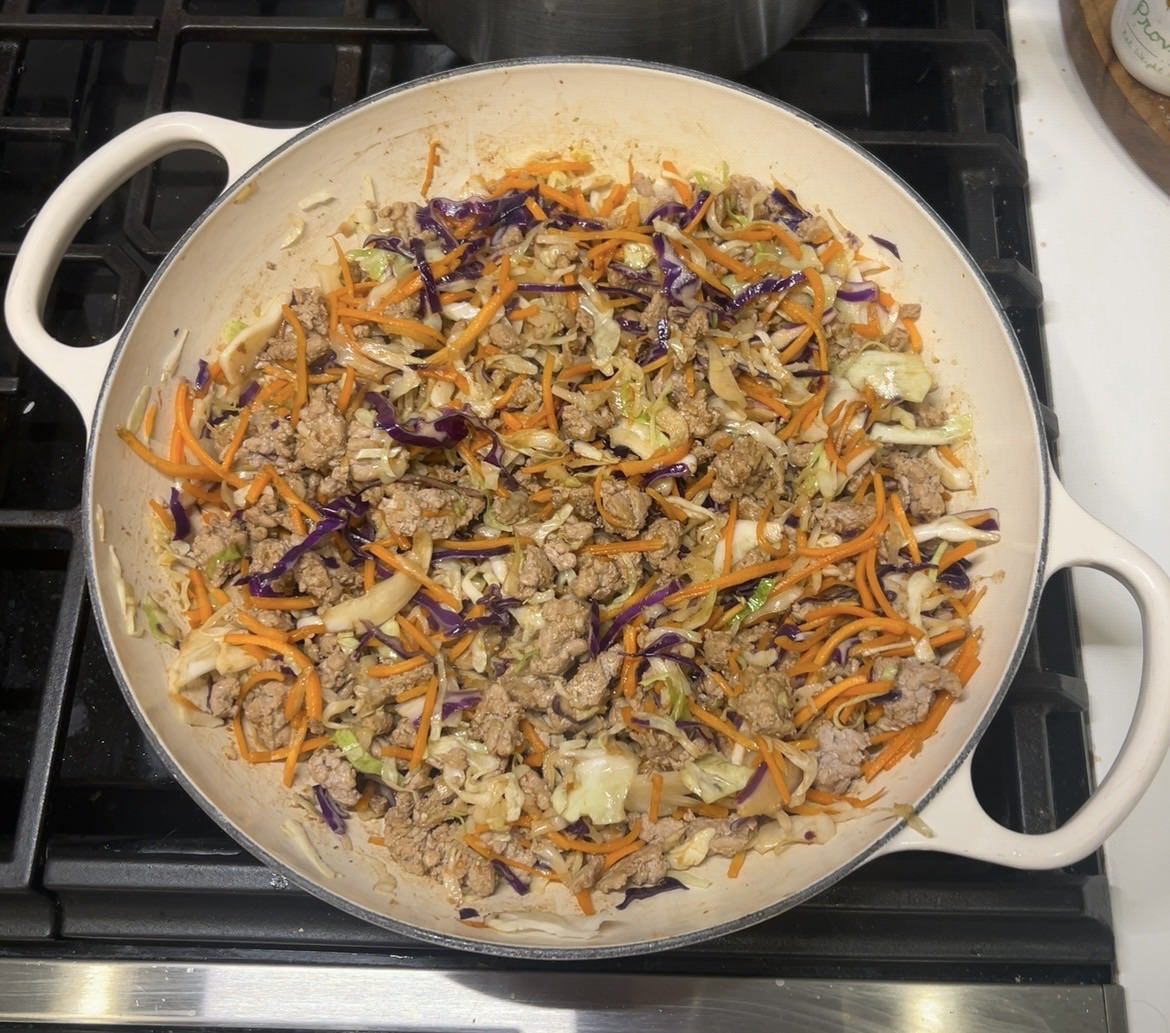 Egg roll in a bowl, freshly stir fried and ready to enjoy for a healthy meal