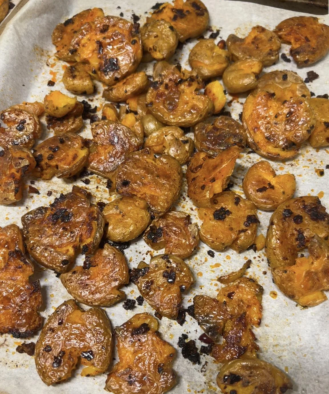 crispy, delicious chili oil smashed potatoes ready to serve