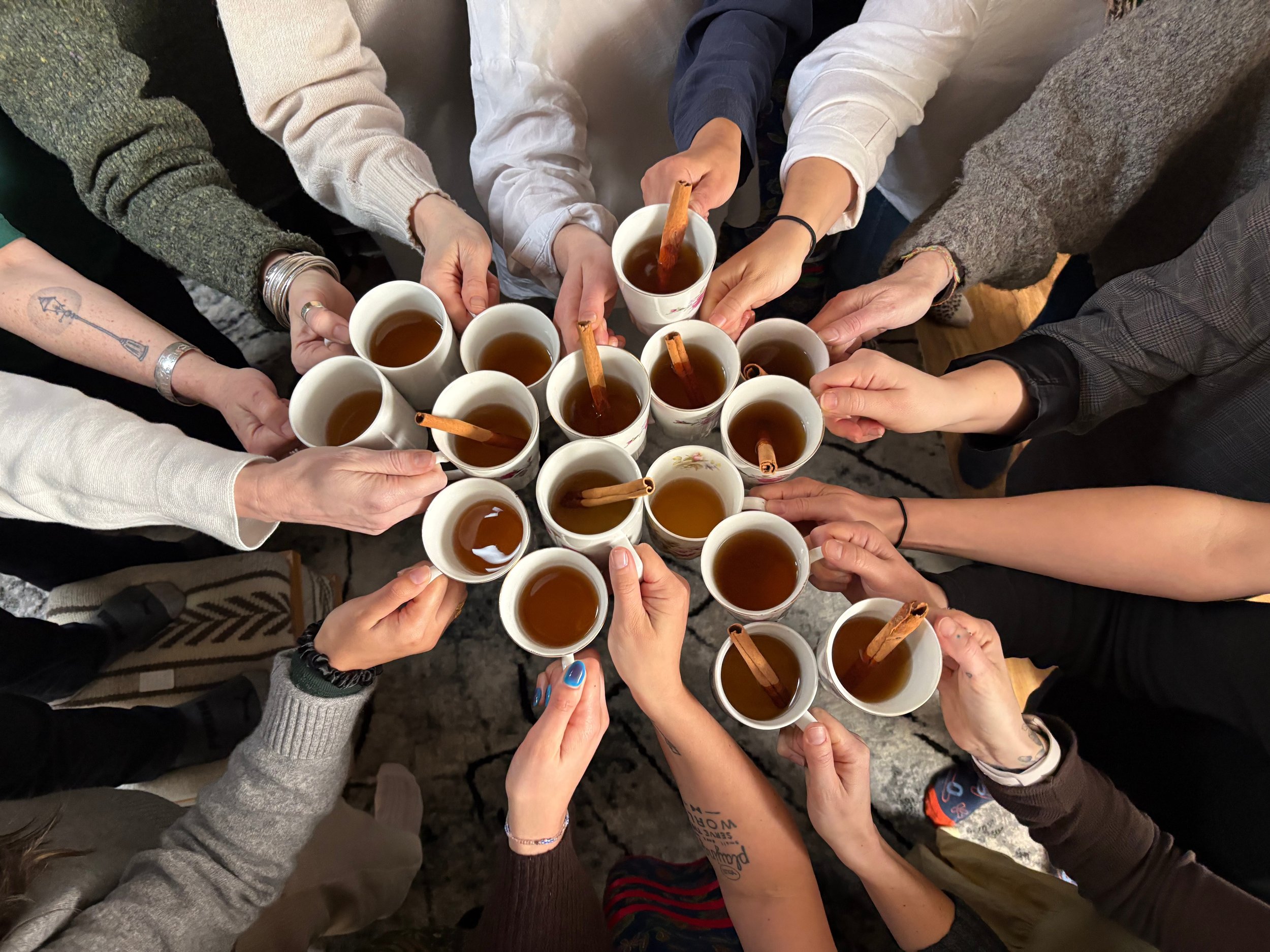 Hands are seen holding tea cups, clinking together to signal that the Birth and Family Stewardship Wise Council was born.