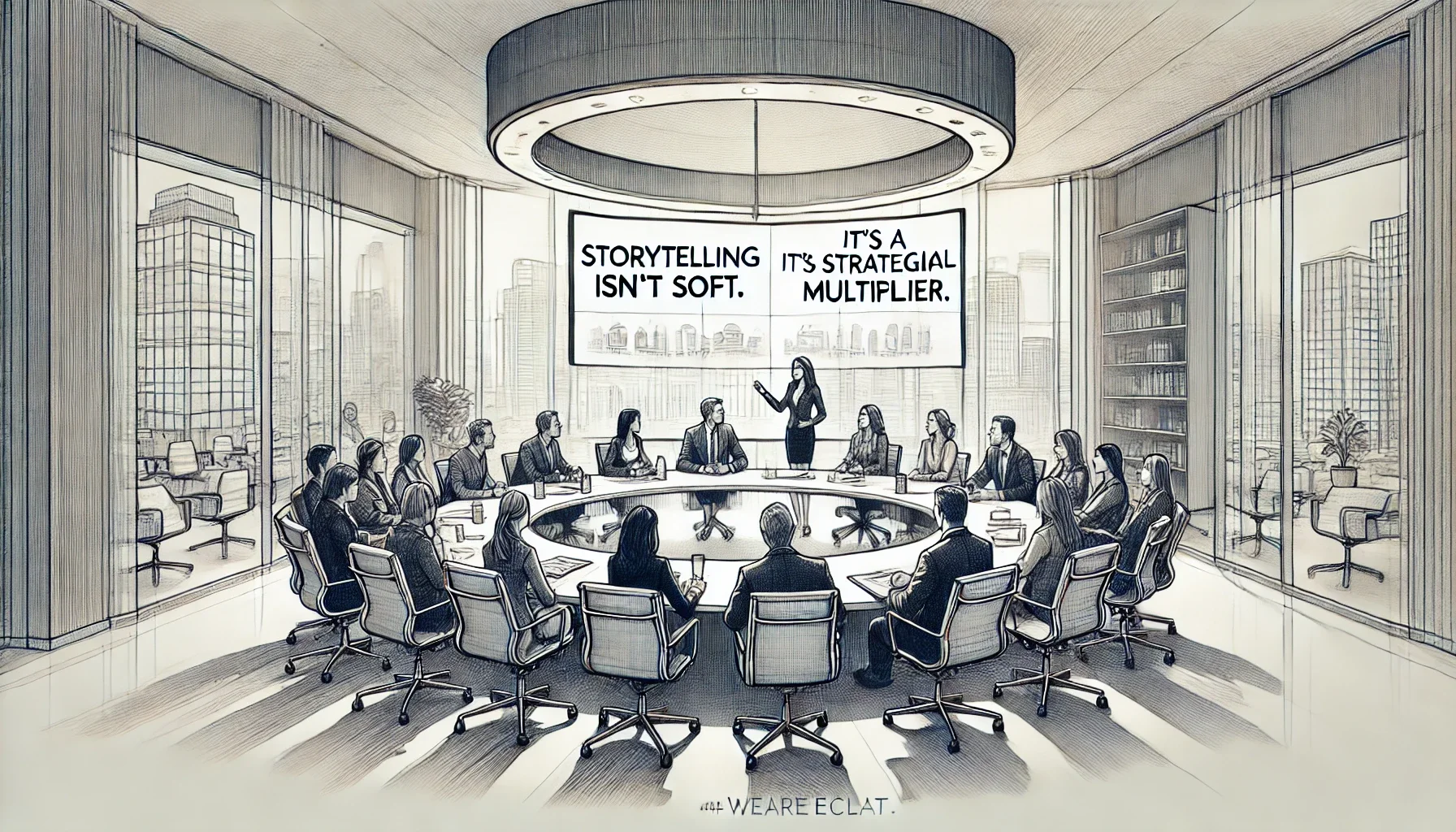 Pencil sketch of a diverse team in a boardroom with a screen reading: “Storytelling isn’t soft. It’s a strategic multiplier.”