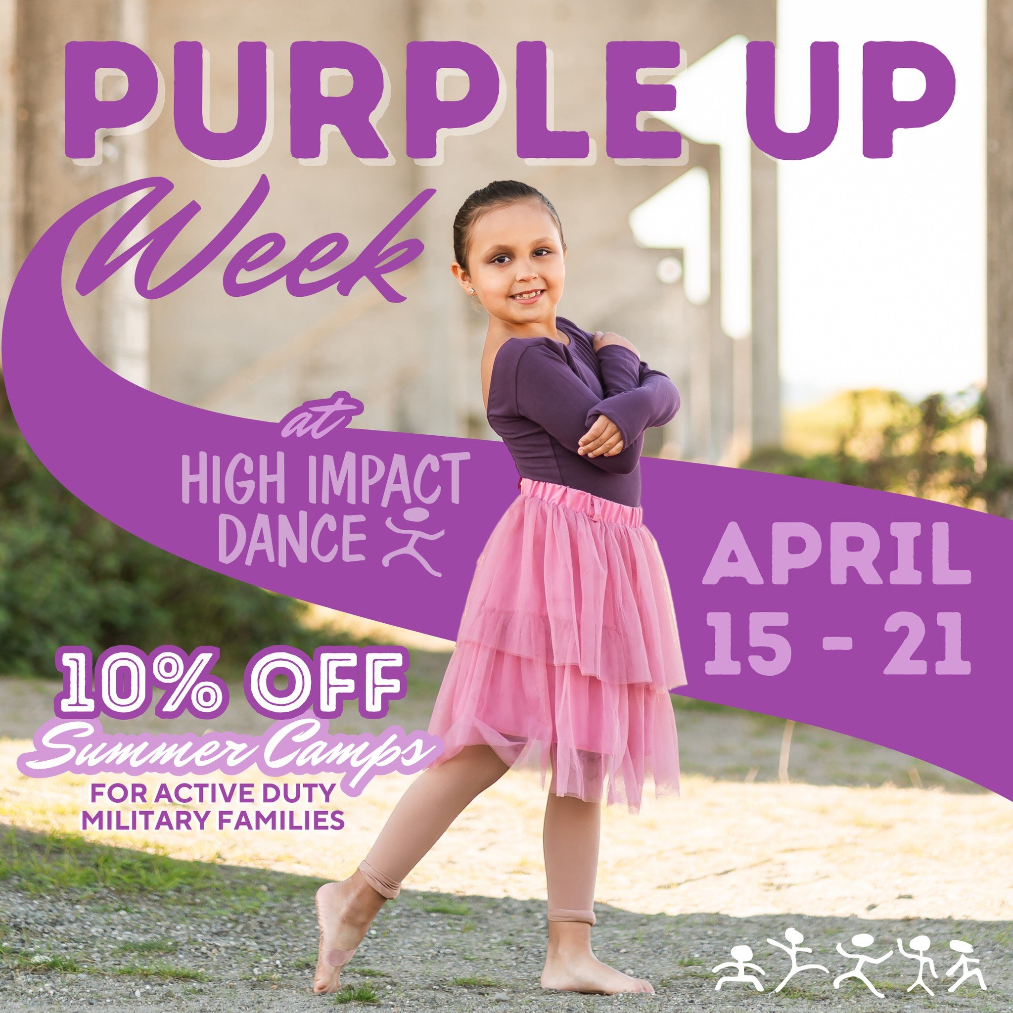 💜 April 15th is PURPLE UP DAY in honor of military children, so this entire week &mdash; Monday, April 15th through Sunday, April 21st &mdash; we will be celebrating Purple Up WEEK at High Impact Dance! Wear purple to the studio this week to show yo