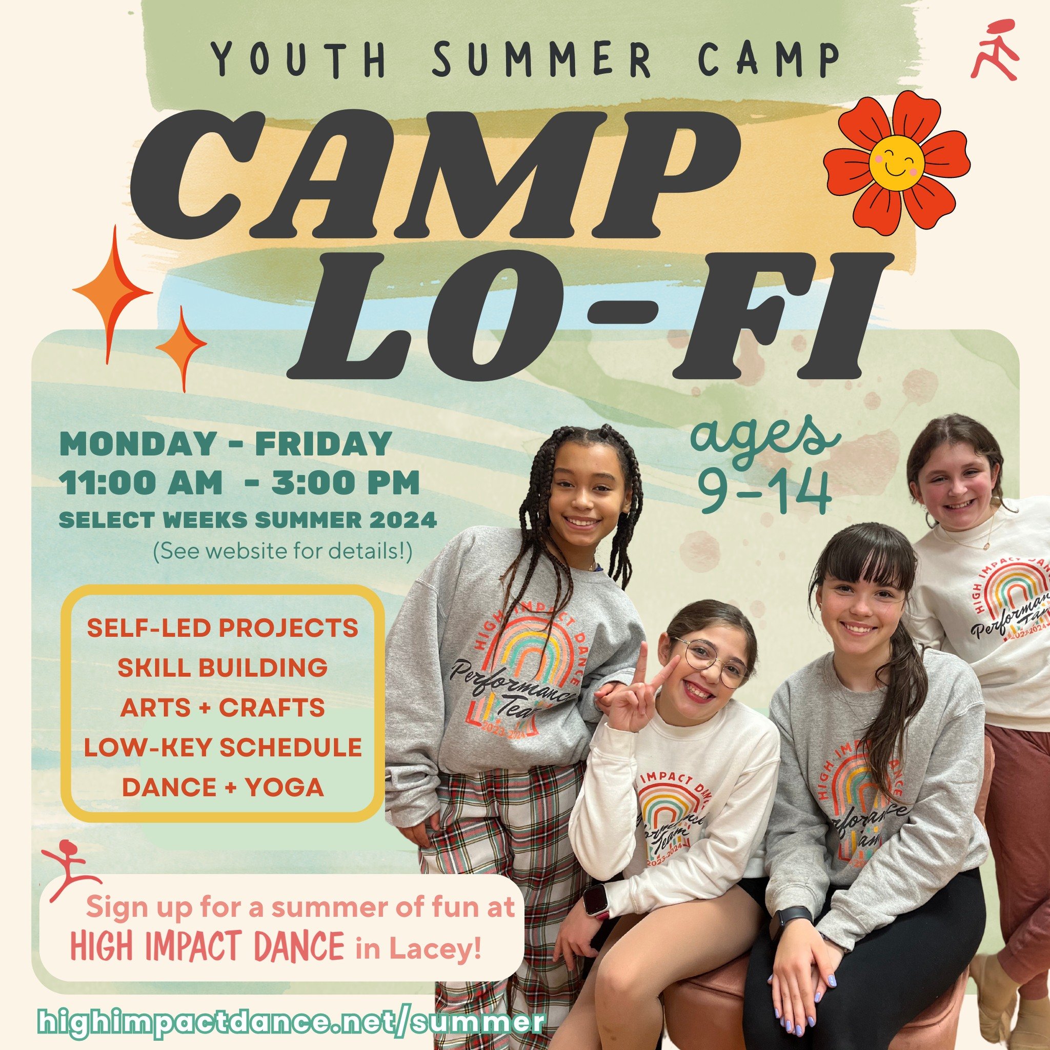 😎✨ Looking a chill summer camp experience with a low-stress schedule and a variety of activity options for older kiddos? Camp Lo-Fi is a youth summer camp (ages 9-14) at High Impact Dance that focuses on fostering positivity and choice without the s