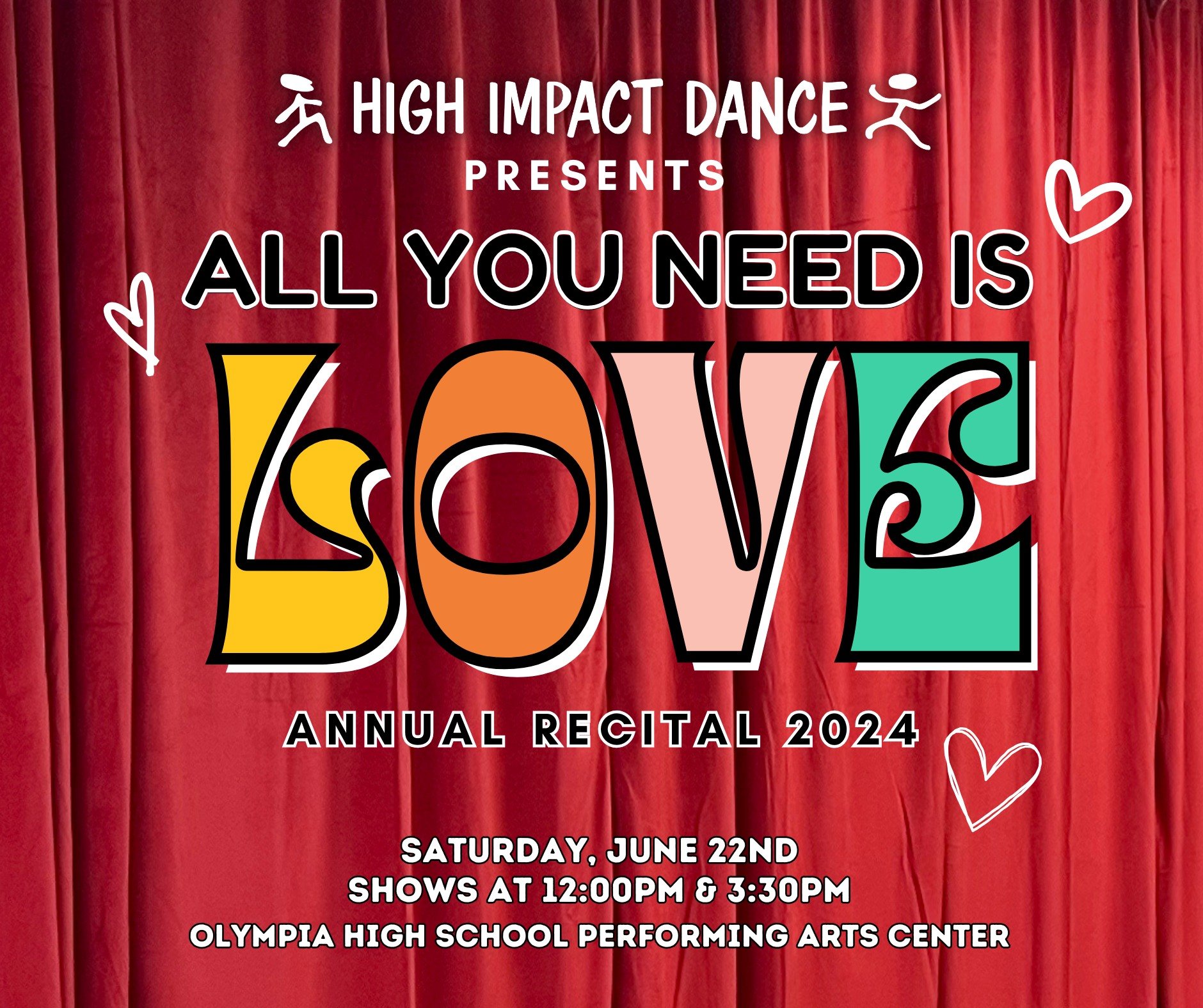 ❤️ Get ready to spread the love with High Impact Dance at our 2024 Annual Recital, ALL YOU NEED IS LOVE! ❤️

📅 Date: June 22nd
📍 Location: Olympia High School Performing Arts Center
🕛 Showtimes: 12:00 PM &amp; 3:30 PM

🎟️ Tickets drop on Monday, 