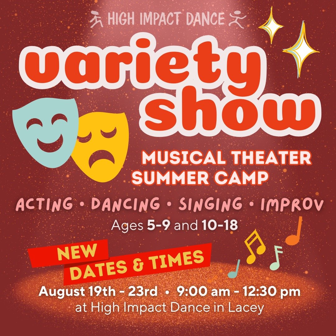 🌟Get ready to shine on stage! 🎭 Our VARIETY SHOW Musical Theater Summer Camp has NEW dates, August 19-23, and a fresh time slot from 9am to 12:30pm at High Impact Dance!

🎶 Led by our incredible staff, who are passionate about theater and packed w