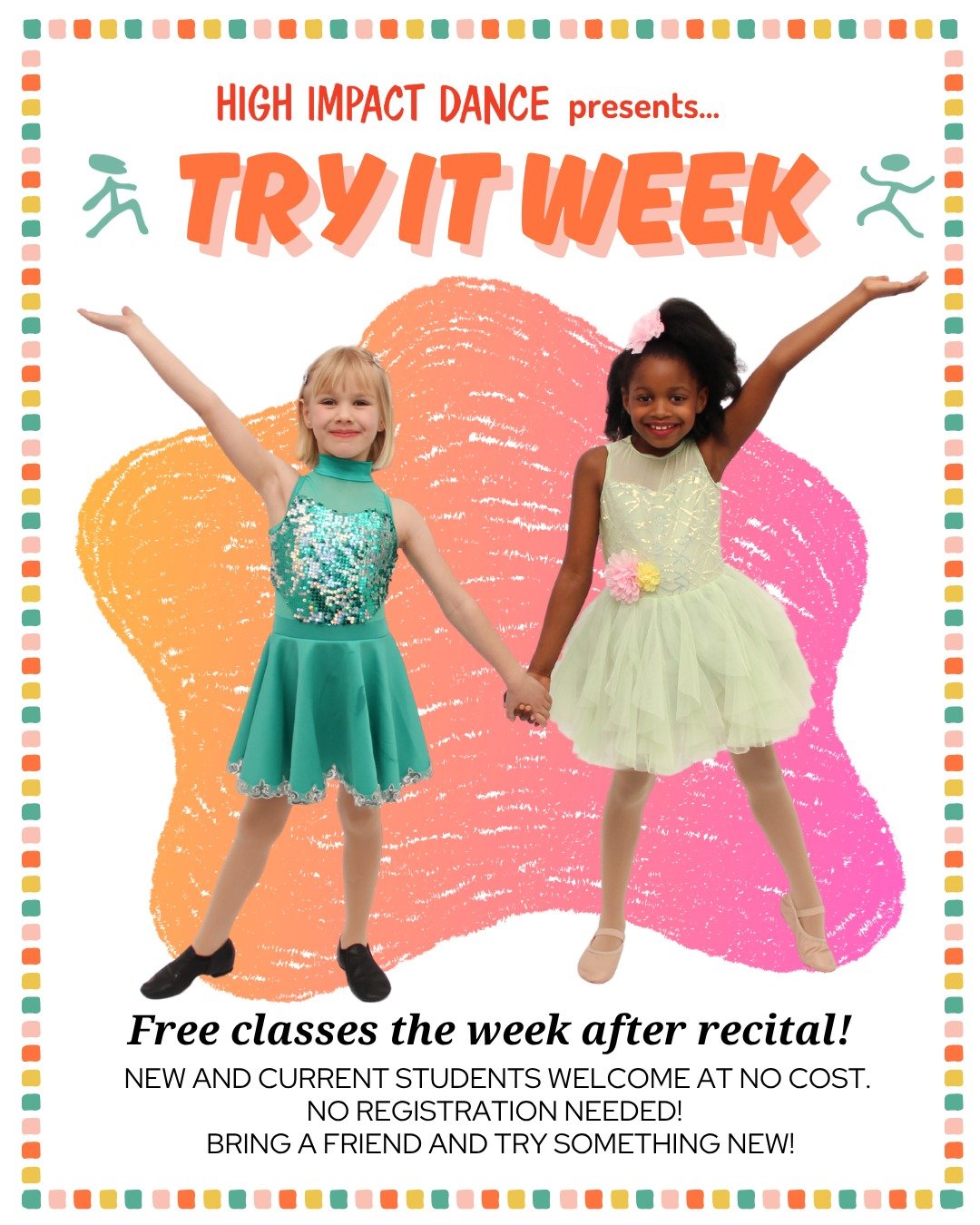 TRY-IT WEEK is here and it&rsquo;s totally FREE! 🎉

No registration, no pressure&mdash;just come dance with us!
June 17 &amp; 18 👉 classes for preschoolers, kids, teens, AND adults.
Whether you're brand new or just wanna switch it up, now's the tim