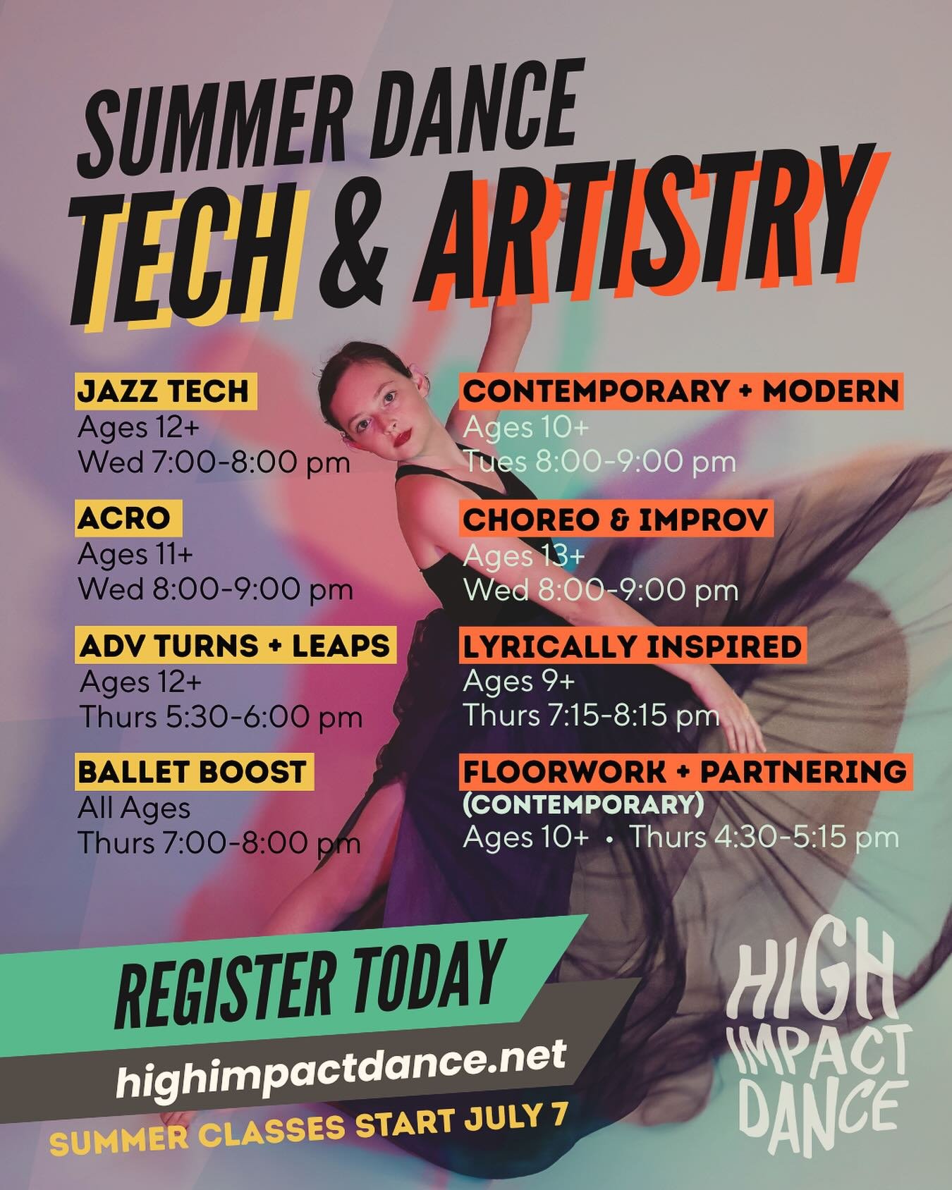 Ready to grow your technique and your artistry this summer? 🌟 High Impact Dance has a lineup designed for dancers looking to level up, try something new, and push their training further. Our trained and talented staff are here to guide you every ste