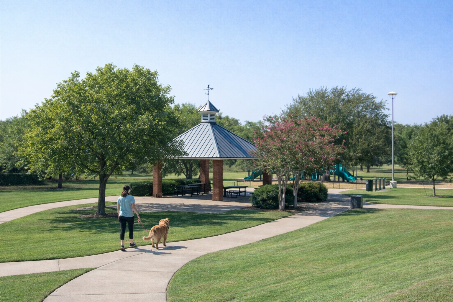 A Doggy Daybreaks Dog Walker walks her golden retriever on a leash in a Haslet, Texas park on a sunny day. The park in Haslet features a pavilion with tables, a playground with slides, and lush green trees. A perfect place for walking a dog.
