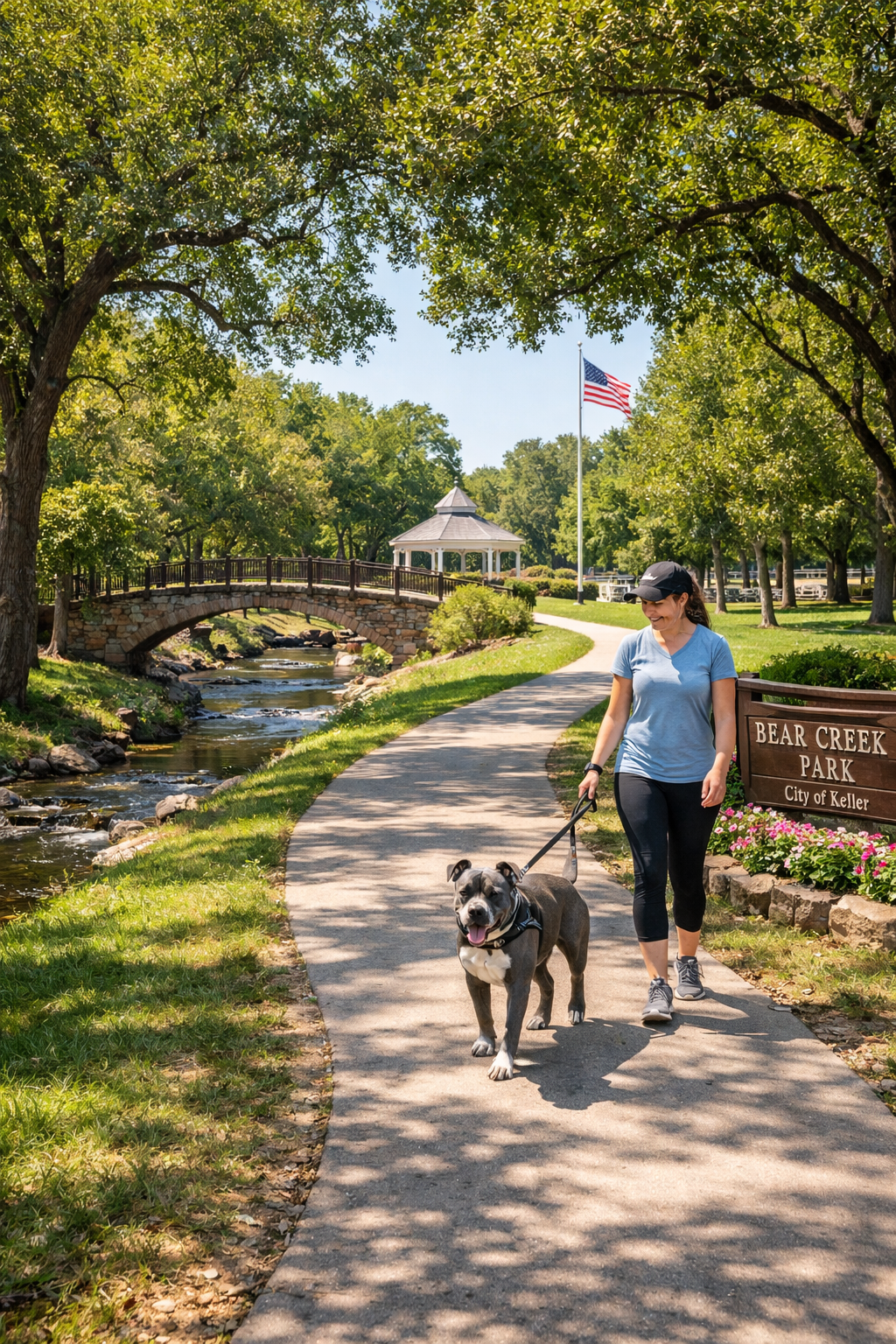 Doggy Daybreaks Dog Walker walking Pit Bull Dog in Bear Creek Park City of Keller