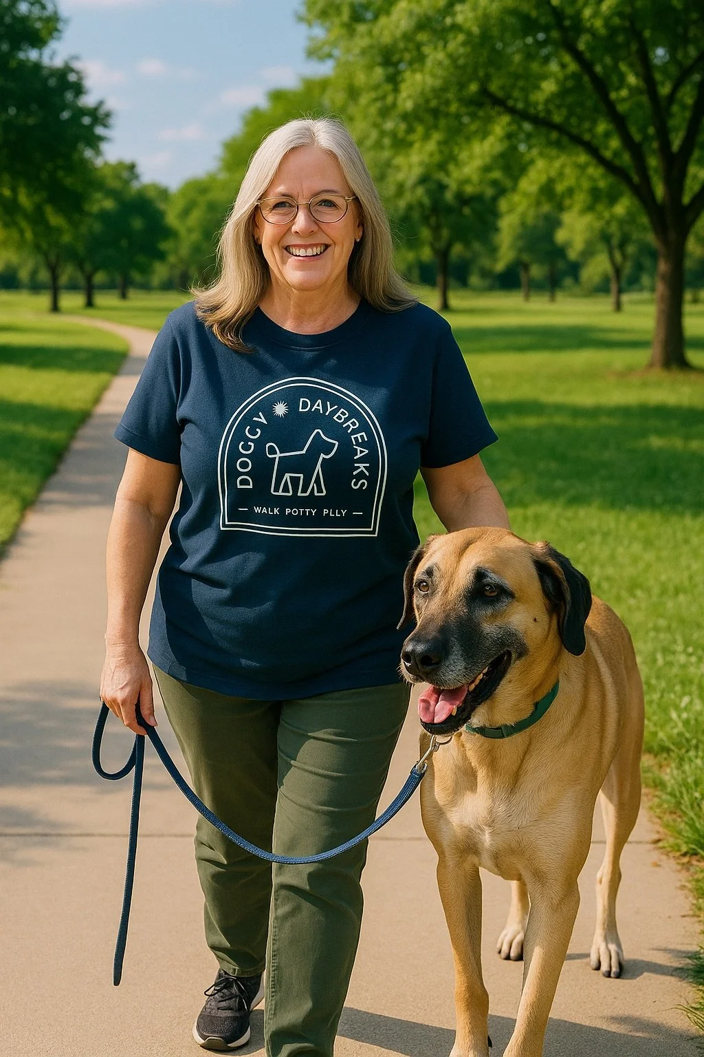 Dog walker from Doggy Daybreaks leading a happy great dane on a sunny trail in Keller, Texas