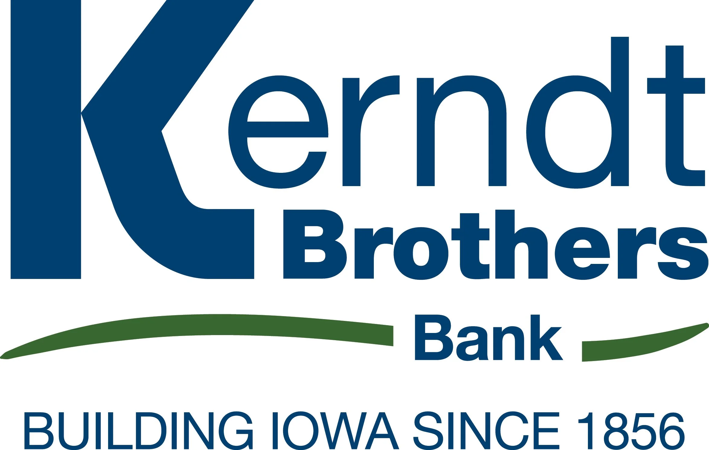 Kernat Brothers Bank logo with stylized blue letter K, green curved line, and text indicating they have been building Iowa since 1856.