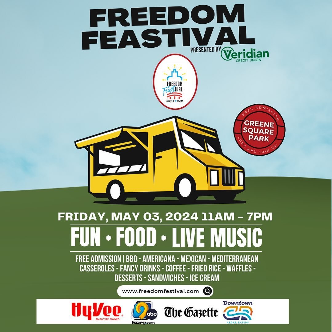 Join us TODAY for the first ever 𝗙𝗥𝗘𝗘𝗗𝗢𝗠 𝗙𝗘𝗔𝗦𝗧𝗜𝗩𝗔𝗟 presented by Veridian Credit Union from 11am to 7pm at Greene Square Park 🇺🇸🍽️

The event is free to attend so bring your friends and family and come explore a celebration of local
