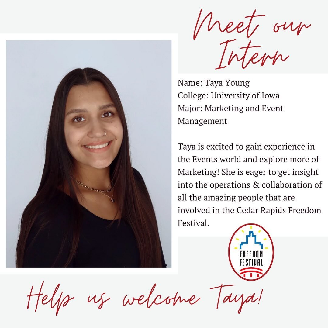 Today was Tayas first day of internship with the Cedar Rapids Freedom Festival and we can already tell this is going to be a great summer! 

Help us welcome Taya &amp; make sure to say hi at our upcoming events! 👋