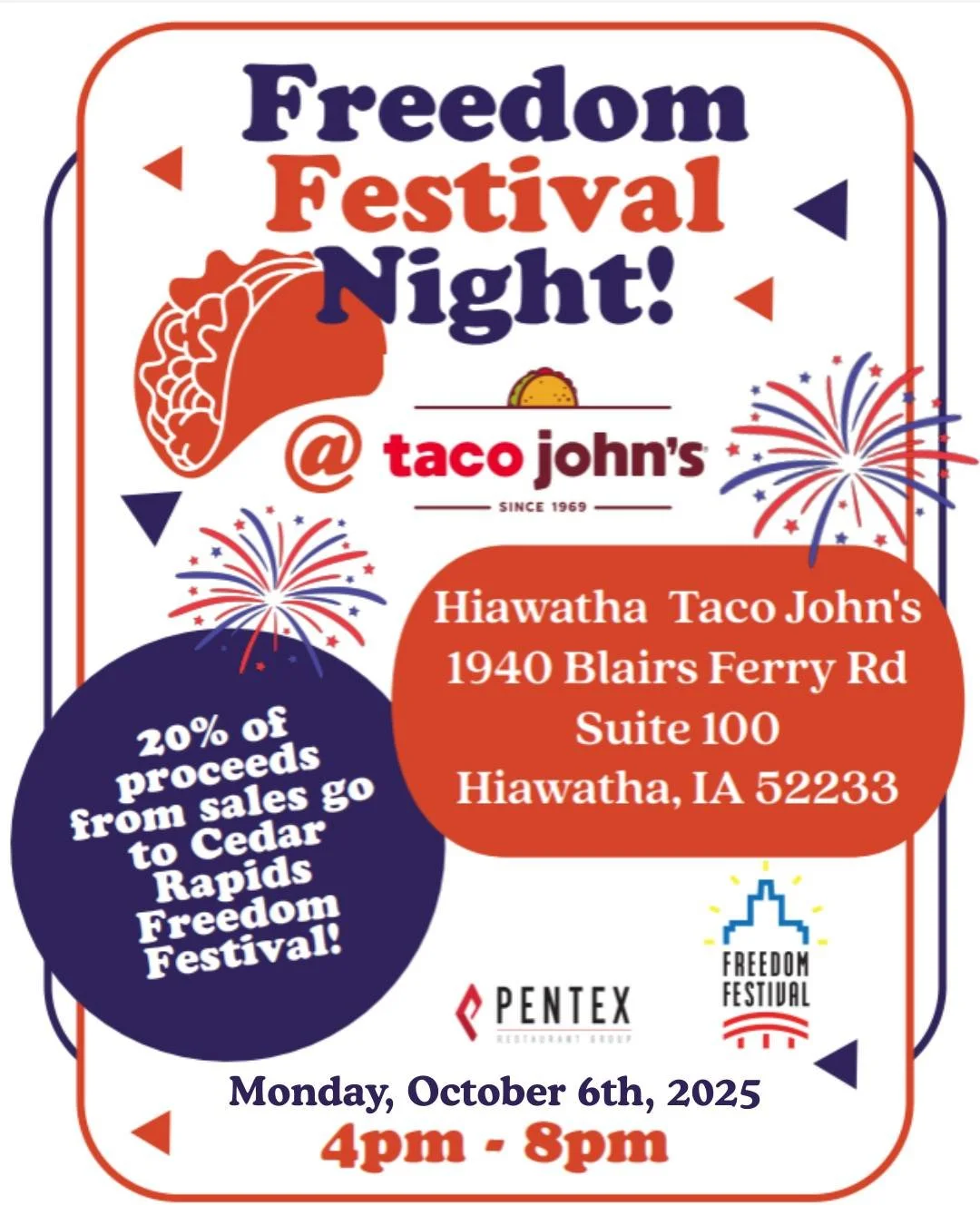 🌮🎉 Today&rsquo;s the day! 🎉🌮

Join us for Freedom Festival Night at Taco John&rsquo;s in Hiawatha! From 4&ndash;8 PM, 20% of proceeds go right back to supporting the Cedar Rapids Freedom Festival, helping us keep events affordable, family-friendl