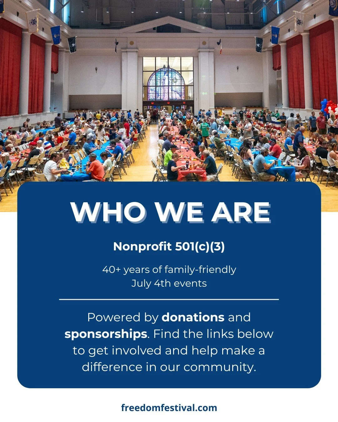 We&rsquo;re a nonprofit 501(c)(3) dedicated to celebrating Independence Day with fun, affordable, family-friendly events that bring our community together. For over 40 years, we&rsquo;ve created cherished memories across Eastern Iowa with a week of f
