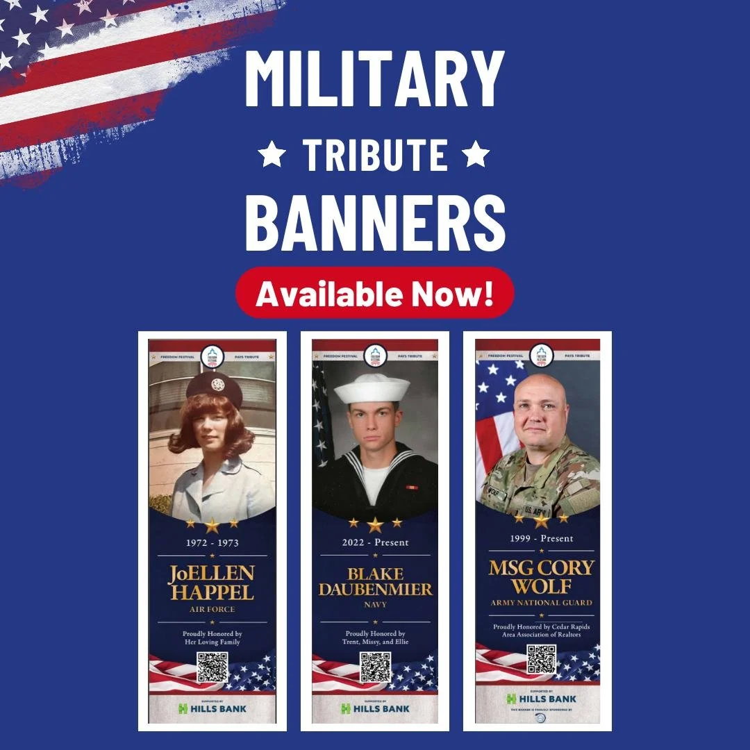 🇺🇸Military Tribute Banners are now available for purchase!

The Freedom Festival Military Tribute Banner Program is back for 2026! Celebrate the heroes who have served and continue to serve by sponsoring a banner to be proudly displayed in downtown