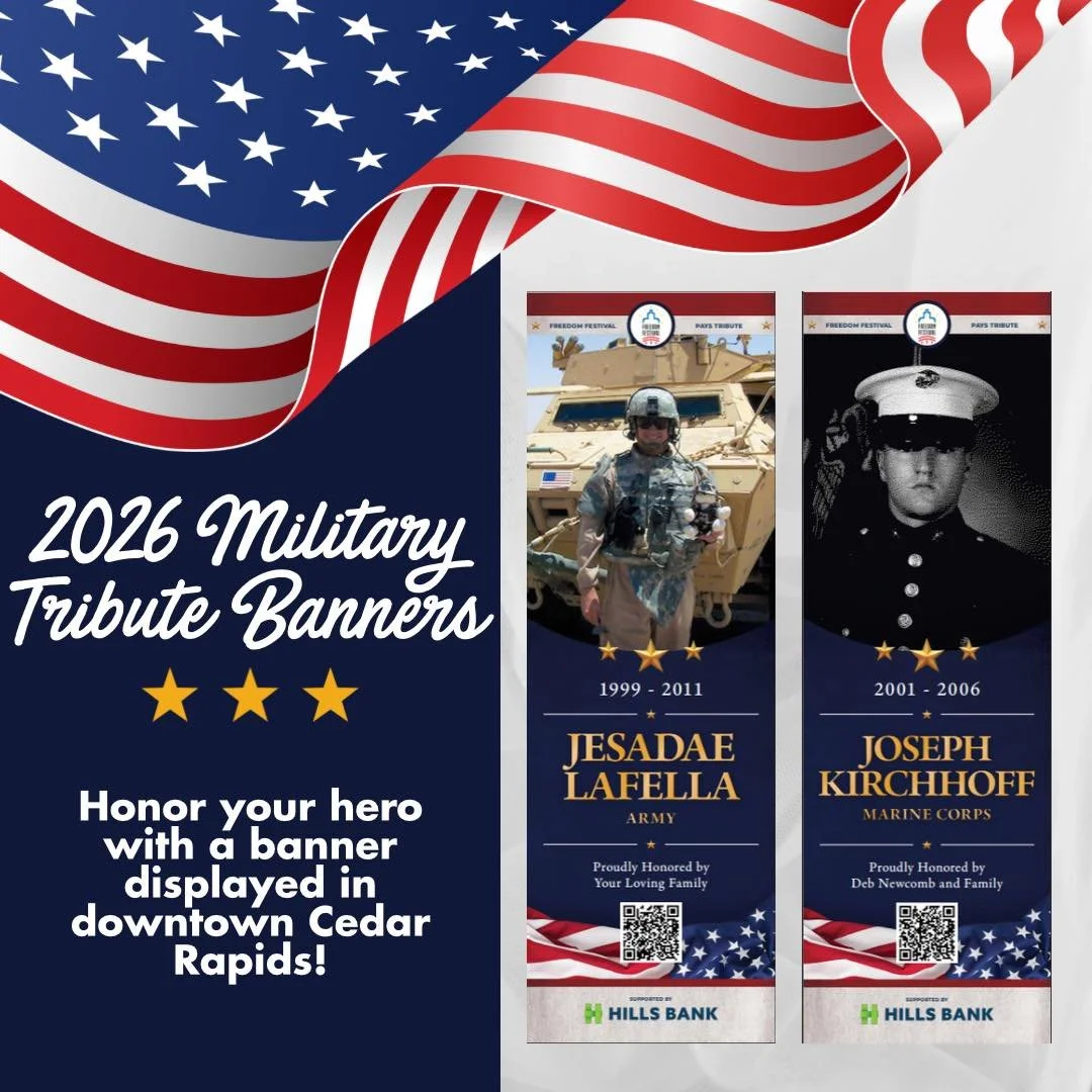 🇺🇸 Military Tribute Banners are going quick! Don&rsquo;t miss your chance to honor your hero in 2026 with a beautiful banner displayed in downtown Cedar Rapids during June, July and August! 

‼️Limited quantity available! 
👉 More information: http