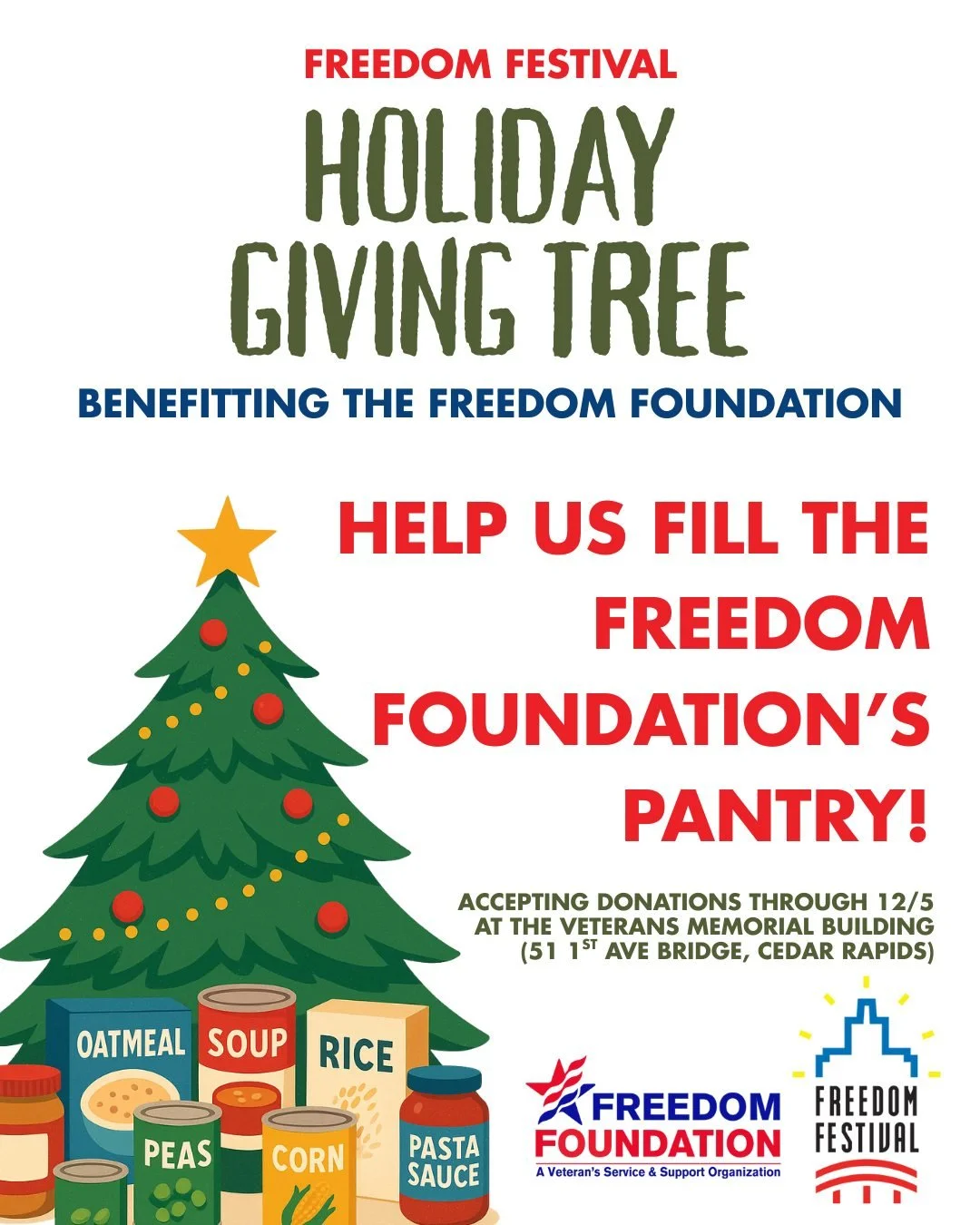 ⏰Only 2 days left! Help us fill the @Freedom Foundation Pantry through the Freedom Festival Giving Tree! Every item makes a difference! 🎁❤

Choose your way to help:
1️⃣Grab a tag in person, shop, and drop off the items at the Veteran's Memorial Buil