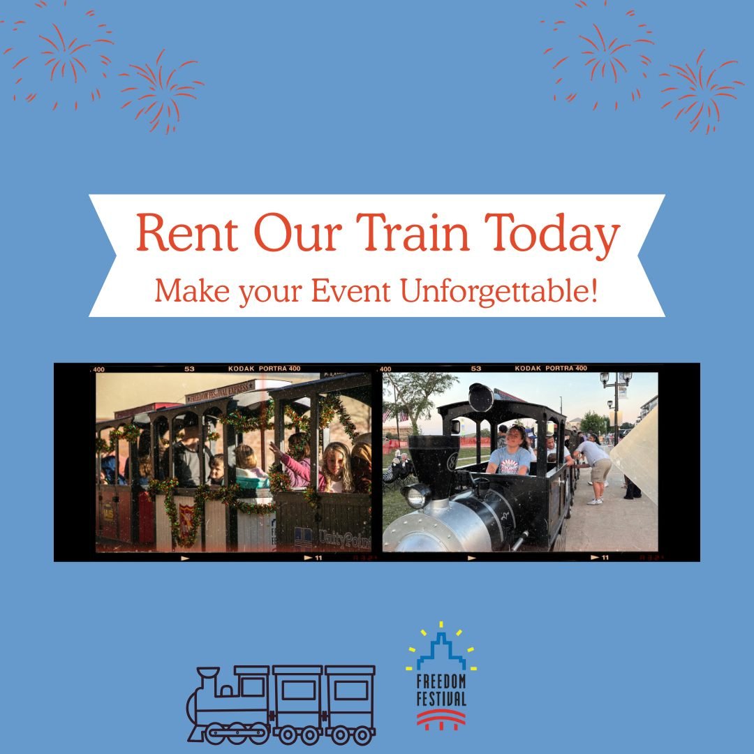 🚂 Did you know our Train can come to YOUR event?
Bring the joy and excitement of the Freedom Festival to your next party or community gathering! Our train is perfect for guests of all ages and adds a unique, memorable touch that everyone will love.
