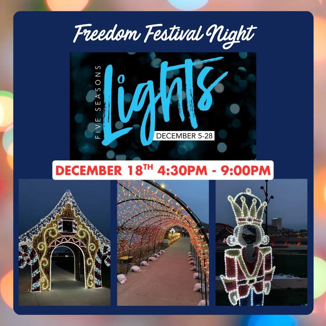 ✨Freedom Festival Night at McGrath Amphitheatre's Five Season Lights is coming up this week! ✨

Bundle up, enjoy the magic of this beautiful walk-through display, and join us this Thursday, December 18th from 4:30pm - 9:00pm! All donations will benef