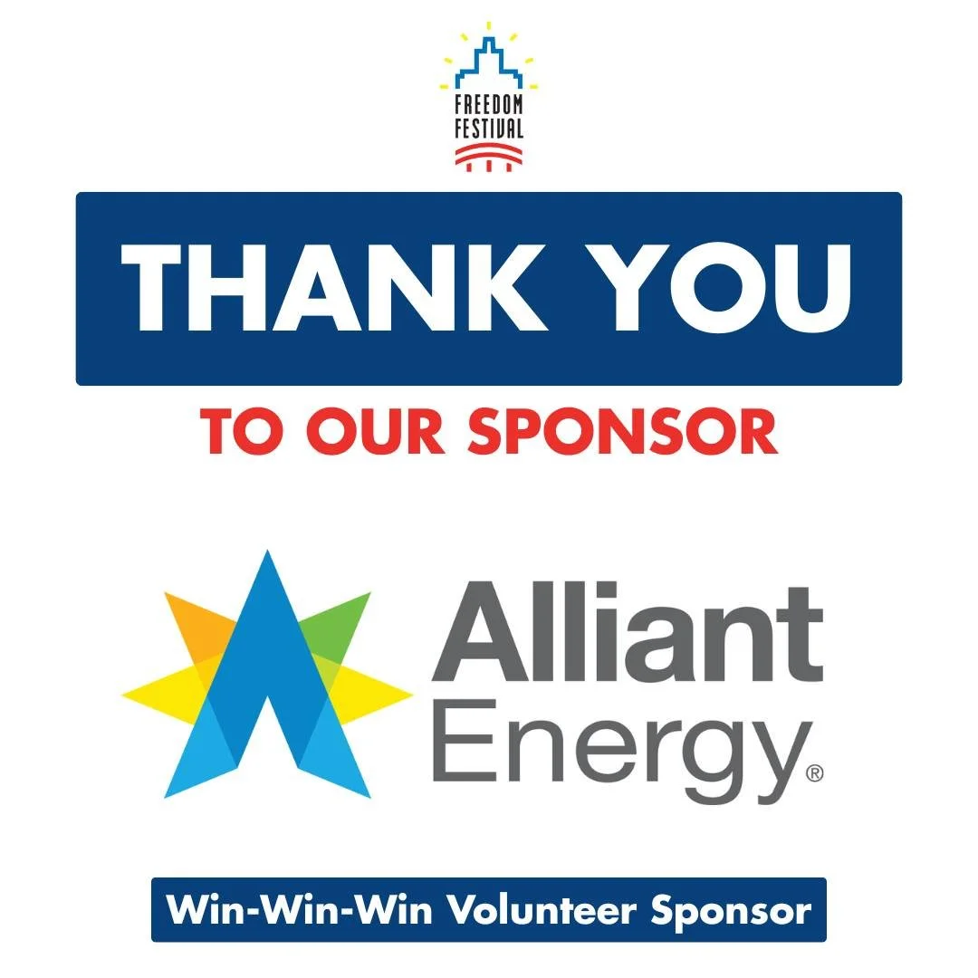 We&rsquo;re proud to recognize Alliant Energy  as the Freedom Festival Win-Win-Win Volunteer Sponsor! ⚡ Thank you for supporting the volunteers who make this celebration happen and for investing in our community.