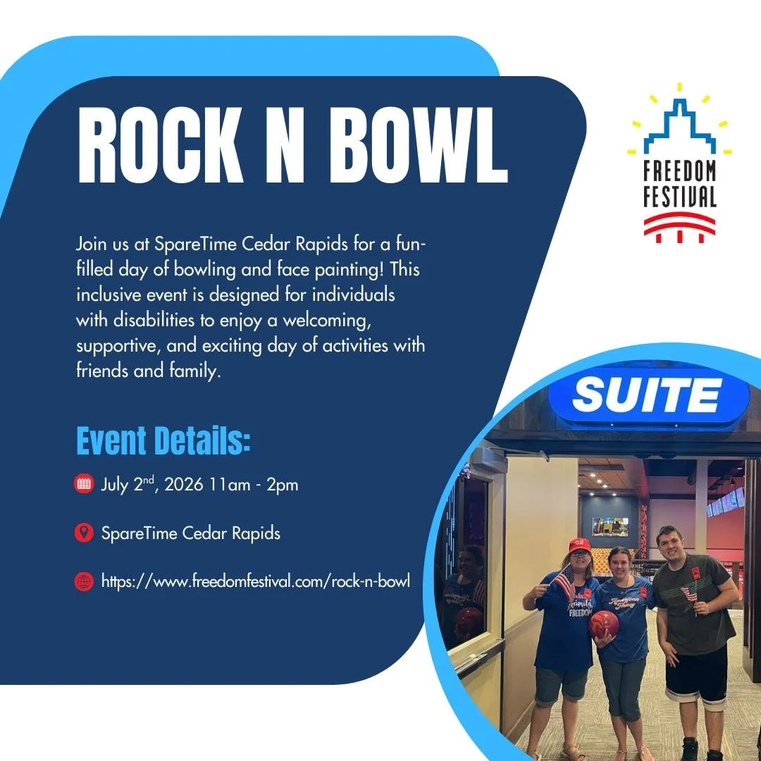 The wait is over! We're kicking off the announcement of our Freedom Festival lineup with Rock N Bowl! 

Join us July 2nd 11am - 2pm at SpareTime for a day of bowling and community fun! This event is designed for individuals with disabilities to enjoy