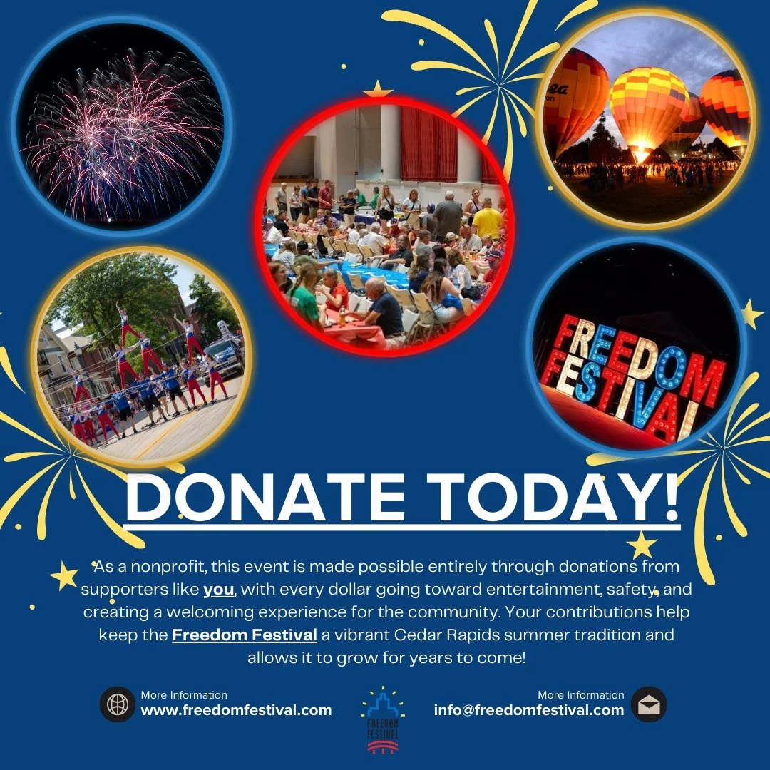 Support the Freedom Festival and help us keep this vibrant summer tradition alive, every donation goes directly toward creating a safe, welcoming, and unforgettable experience for our community! 🎆❤️

https://www.freedomfestival.com/donate-1-1