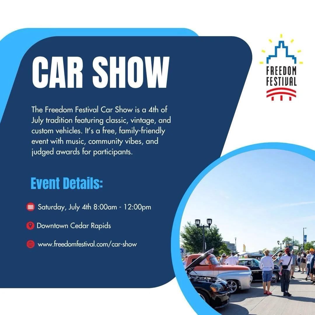 🚗 Lineup Drop: Freedom Festival Car Show!

Another beloved 4th of July tradition is back! Rev up your engines and join us for the Freedom Festival Car Show on Saturday, July 4th from 8:00am - 12:00pm. Explore an incredible lineup of classic, vintage