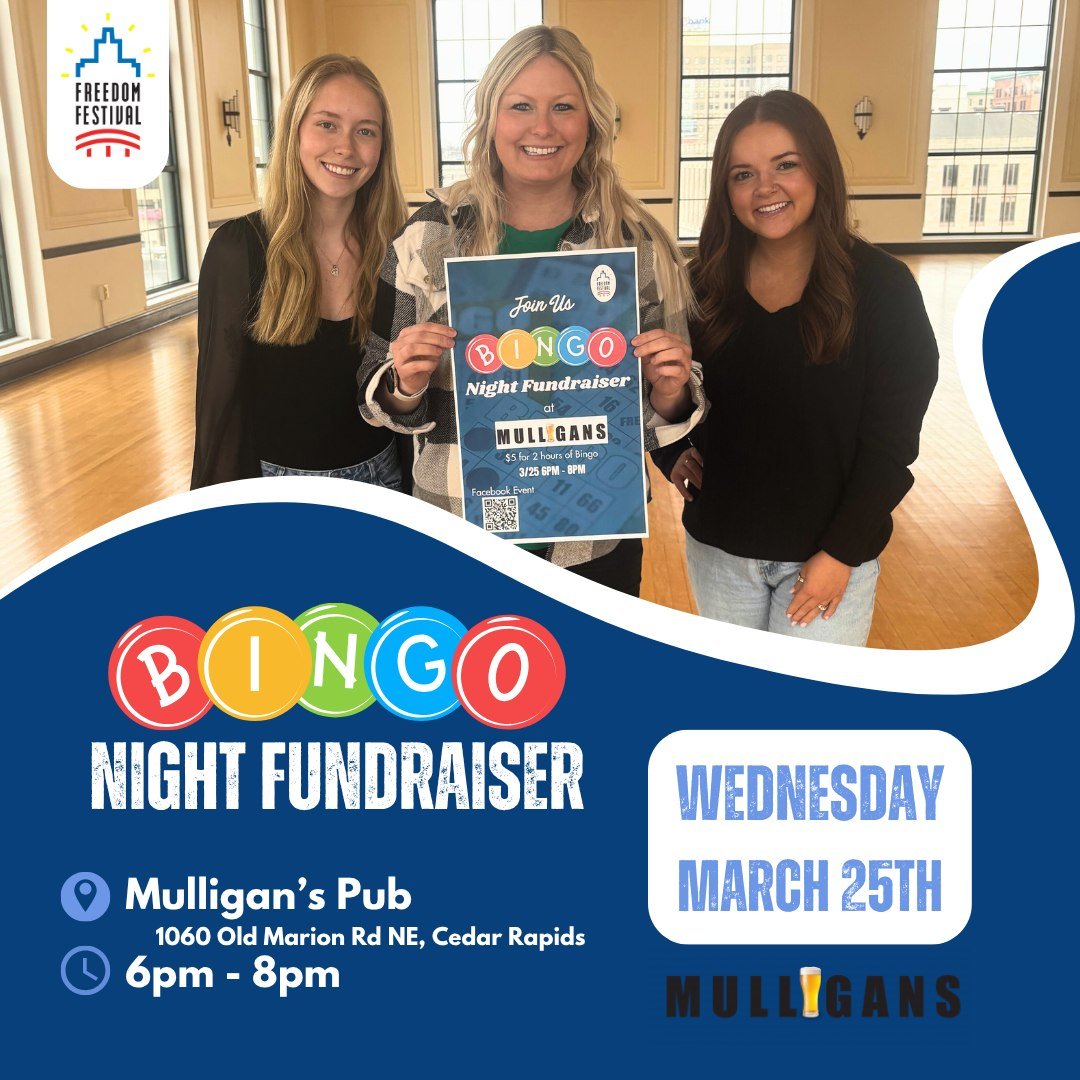 Join us for Bingo Night at Mulligan's Pub on March 25th from 6&ndash;8PM! 🎱✨ Play all night for just $5.00, win prizes each round, and enjoy great food and drinks while supporting the Freedom Festival's traditions and events💙 10% of all sales from 