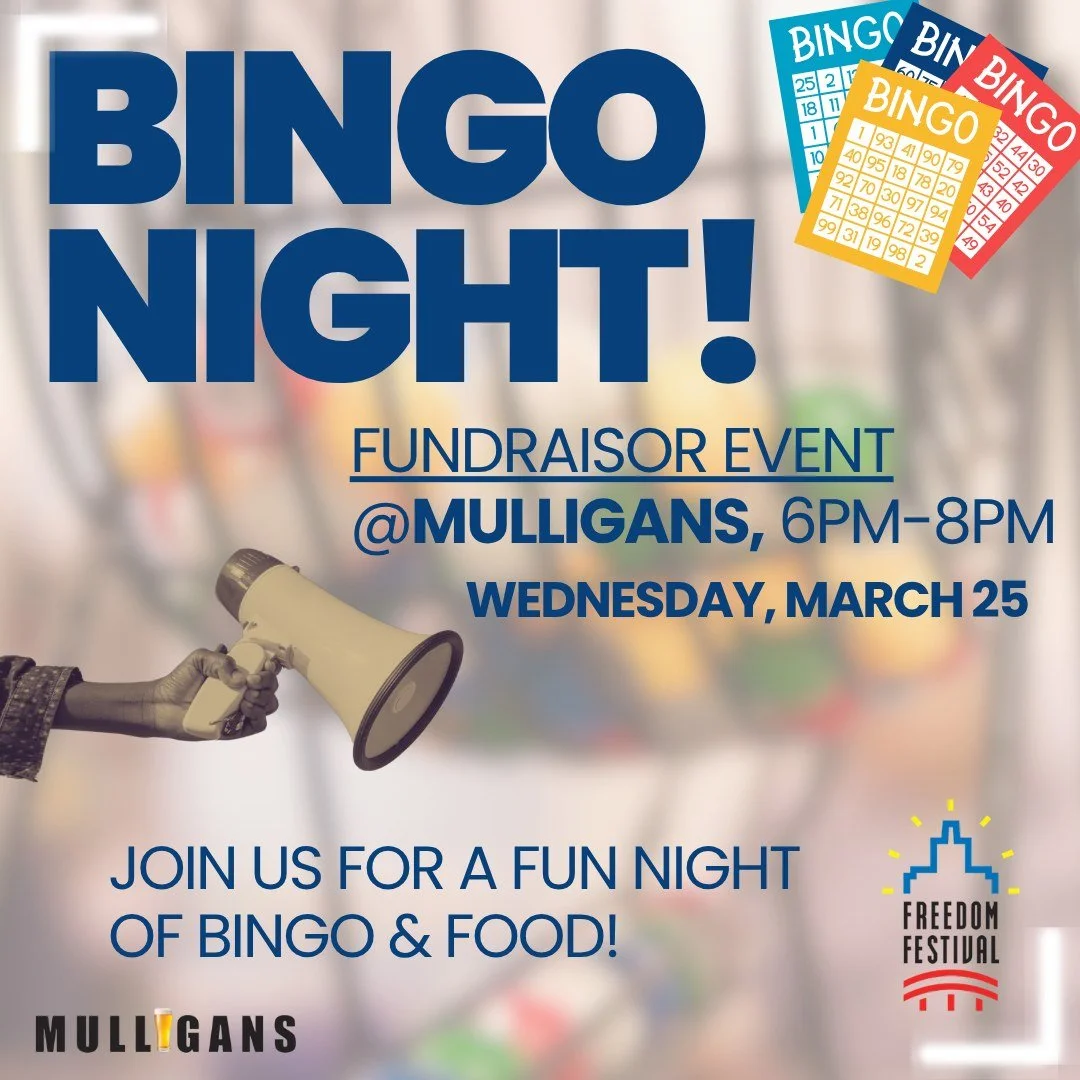 Feeling lucky? 🎉 Join us for a fun-filled Bingo Fundraiser Night at Muligan&rsquo;s Pub from 6pm-8pm, great prizes, good food, and great vibes! It's just $5 to play, and 10% of all sales will be donated back to the Freedom Festival! We hope to see y