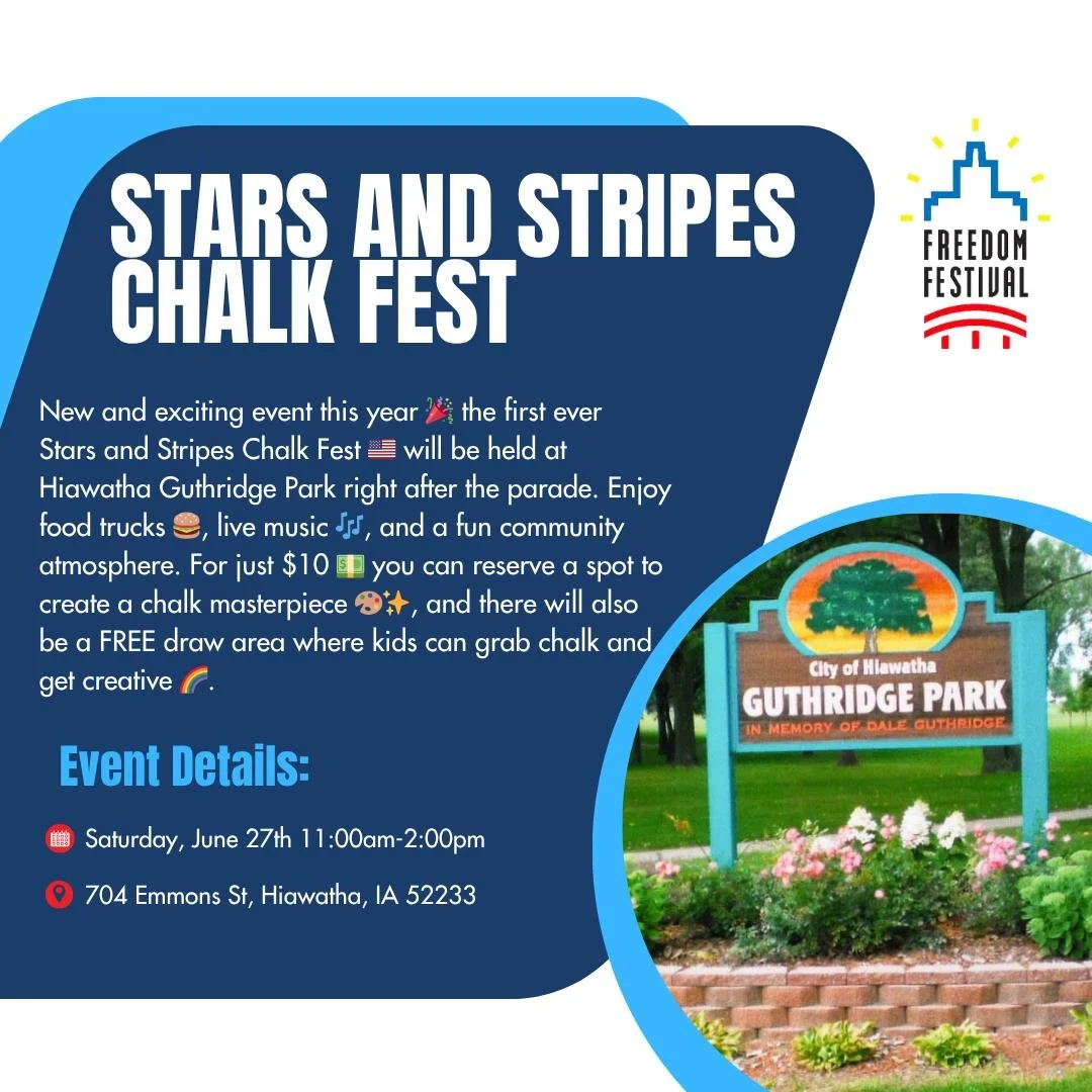 A brand NEW tradition is coming to Hiawatha!✨ Stick around after the parade and be part of the first ever Stars and Stripes Chalk Fest at Guthridge Park from 11am&ndash;2pm. Grab lunch from local food trucks, enjoy live music, and soak up the communi