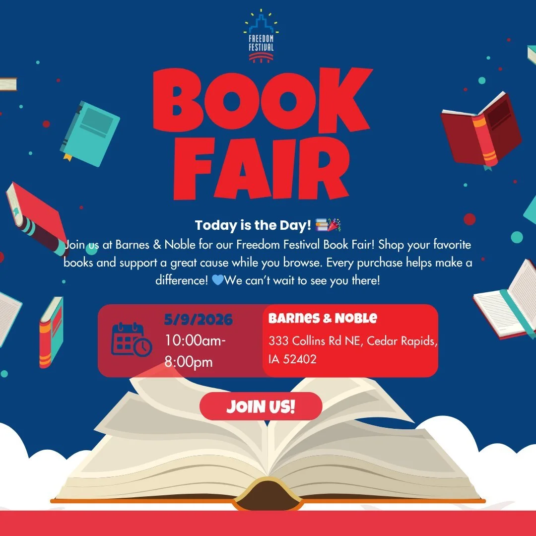 Today is the Day! 📚🎉

Come out to @bncedarrapids  for the Freedom Festival Book Fair! Enjoy a day full of reading, live music, and a book signing opportunity. It is a great way to find your next favorite reads while supporting a great cause. Don&rs