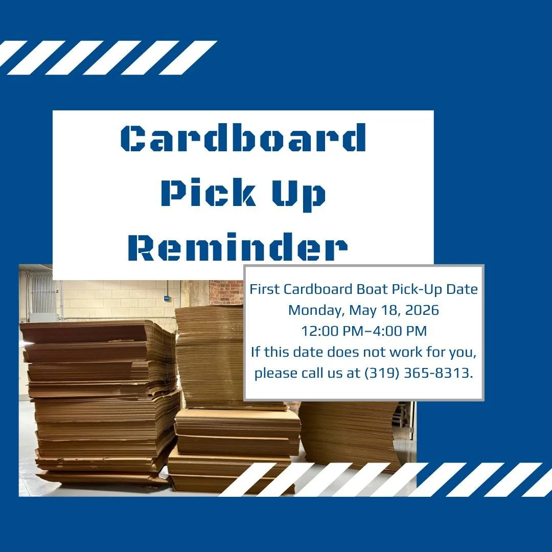 🚣&zwj;♂️ IT IS OFFICIALLY TIME! 🚣&zwj;♀️

The cardboard is ready for our Cardboard Boat Regatta teams to pick up! Our first pick-up date is Monday, May 18th from 12:00 PM&ndash;4:00 PM. Get your team ready to start building and show off your boat i