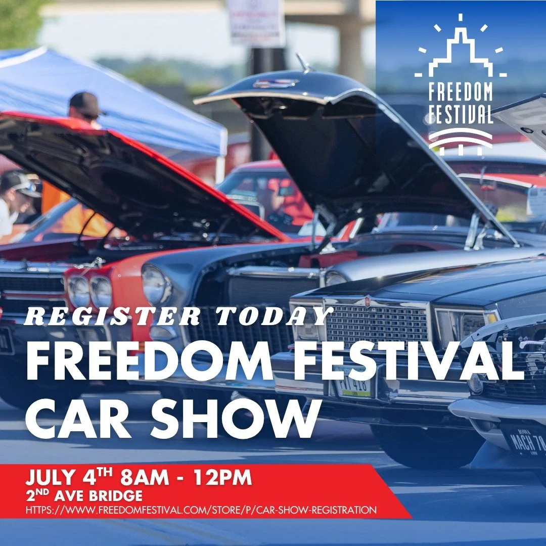 Rev up your 4th of July plans! 🇺🇸🚗

Registration is open for our Freedom Festival Car Show on July 4th from 8am &ndash; 12pm on the 2nd Ave Bridge! Bring your classic cars, hot rods, motorcycles, and custom builds for a morning full of chrome, hor