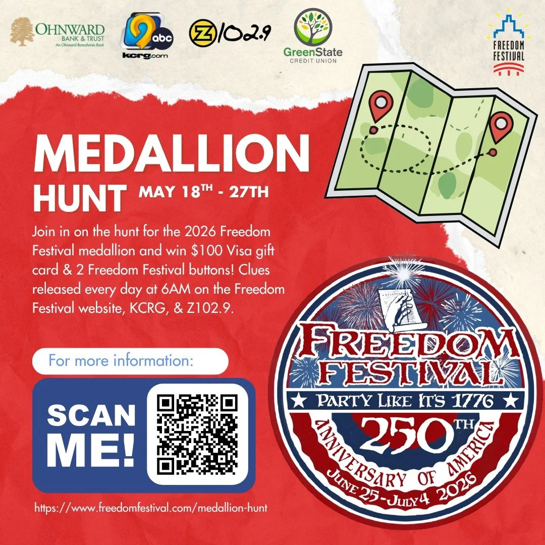 🔍 The hunt begins tomorrow! The Freedom Festival Medallion Hunt is back, and the medallion could be hiding anywhere 👀 Follow along with the daily clues over the next 10 days for your chance to track it down and win a $100 Visa gift card + 2 2026 Fr