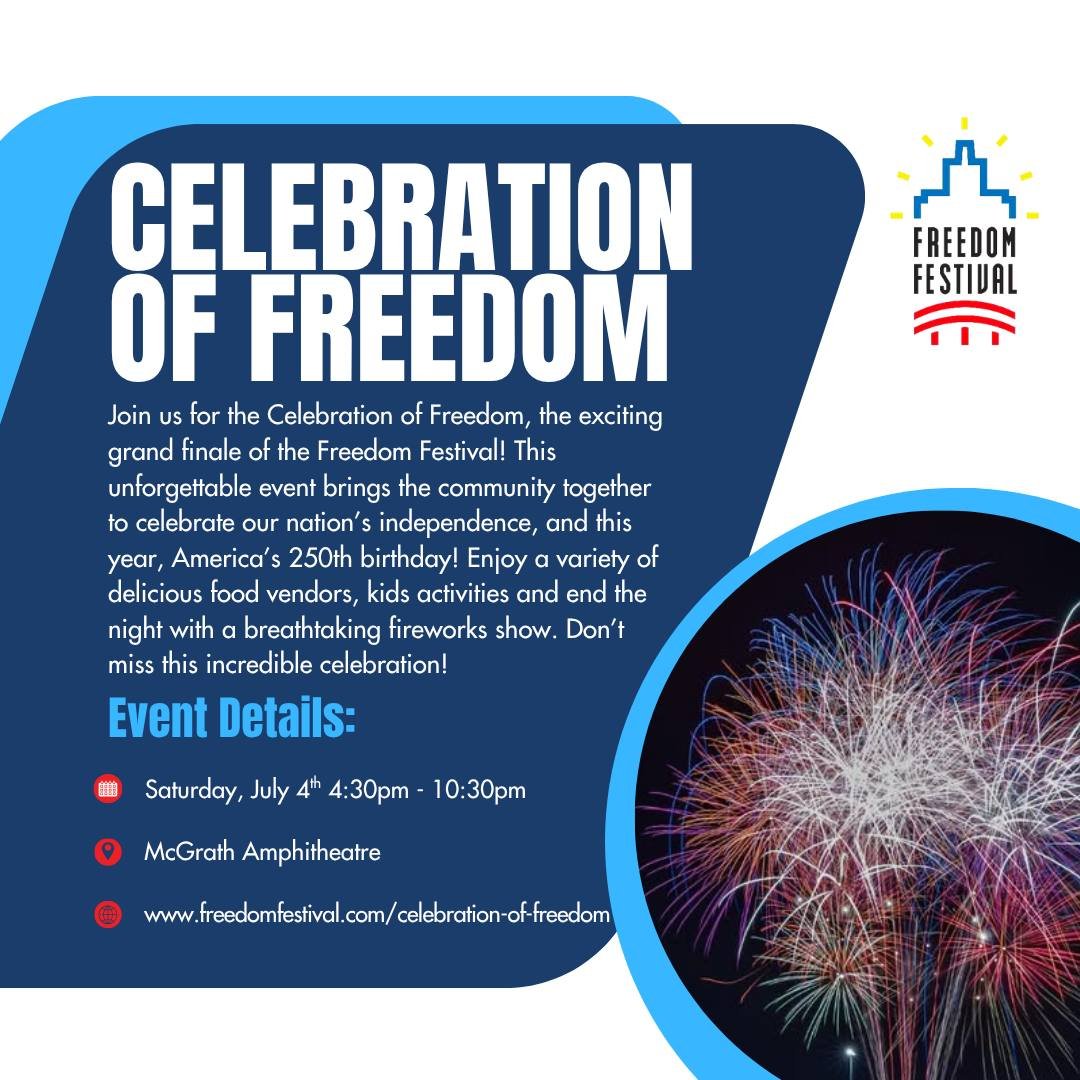🎆 EVENT DROP! 🇺🇸

The Celebration of Freedom is the Freedom Festival&rsquo;s spectacular grand finale, and this year we&rsquo;re celebrating bigger than ever as America turns 250!

Join us in downtown Cedar Rapids at the McGrath Amphitheatre for a