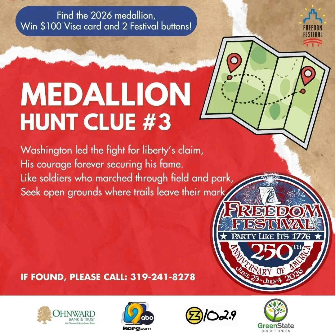 🔍MEDALLION HUNT CLUE #3🔍

Washington led the fight for liberty&rsquo;s claim, 
His courage forever securing his fame. 
Like soldiers who marched through field and park, 
Seek open grounds where trails leave their mark. 

Follow the clues each day f