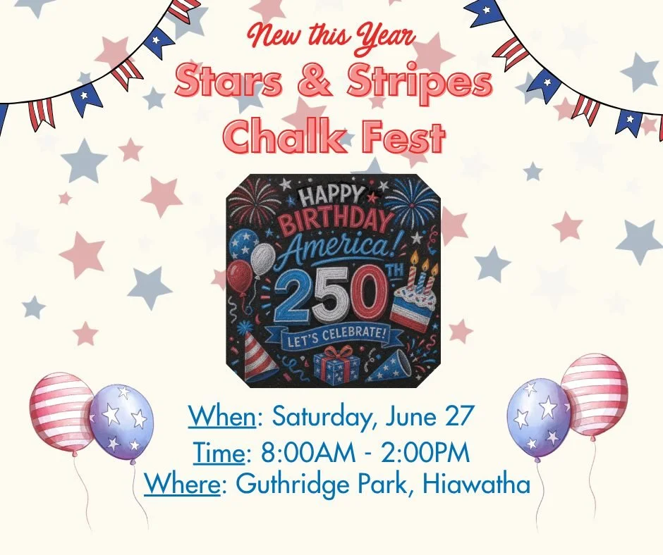 NEW THIS YEAR: Stars &amp; Stripes Chalk Fest!🎨

Join us after our parade for a fun-filled, family-friendly celebration of creativity and community! Artists of all ages can purchase a 5x5 chalk space for just $10 and create their own sidewalk master
