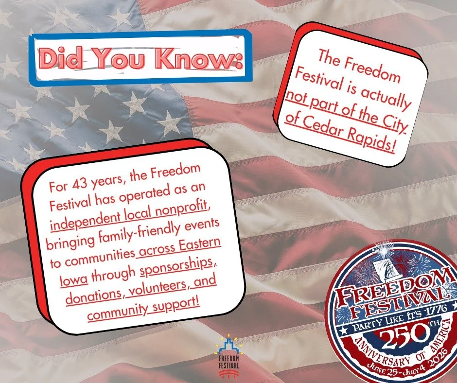 ✨The More You Know🎉...

Did you know the Cedar Rapids Freedom Festival is actually not part of the City of Cedar Rapids?

For 43 years, the Freedom Festival has operated as a local nonprofit organization dedicated to bringing fun, family-friendly ev