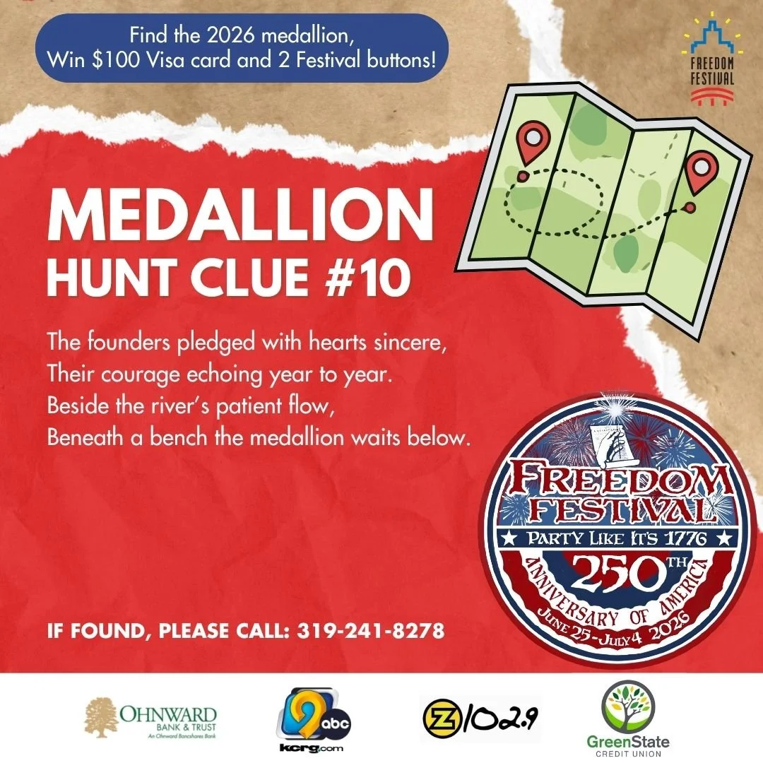 🔍MEDALLION HUNT CLUE #10🔍

The founders pledged with hearts sincere, 
Their courage echoing year to year. 
Beside the river&rsquo;s patient flow, 
Beneath a bench the medallion waits below. 

Follow the clues each day for your chance to find the hi