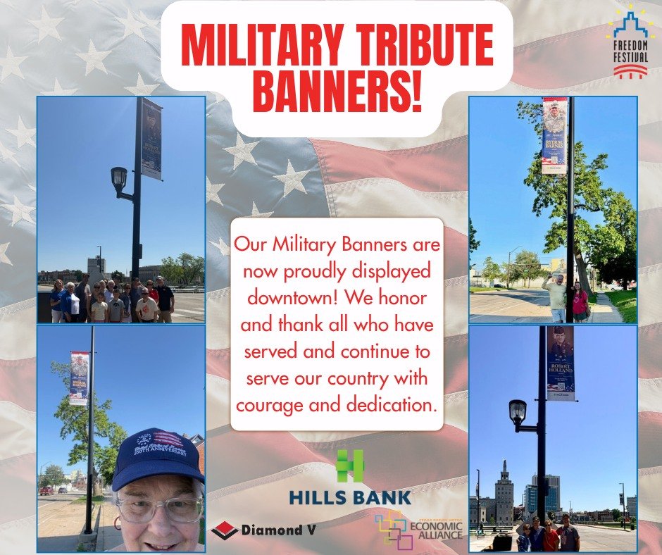 Our Military Tribute Banners are now proudly displayed throughout downtown Cedar Rapids. ❤️🤍💙

These banners honor the brave men and women in our community who have served or are currently serving our country. We are deeply grateful for their dedic