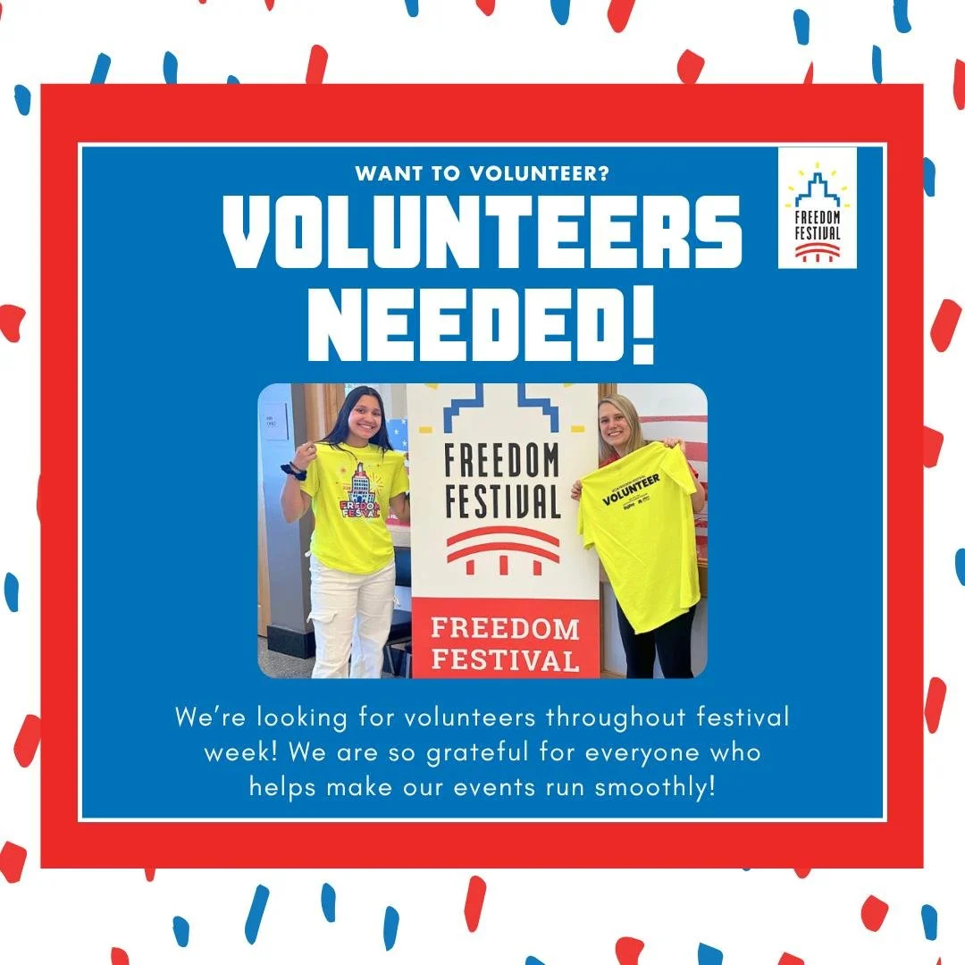 🌟 Volunteer sign-ups are officially OPEN! 🌟

Be part of the excitement and help make this year&rsquo;s Freedom Festival unforgettable! While our board members and staff work hard to bring every event to life, we&rsquo;re looking for amazing communi