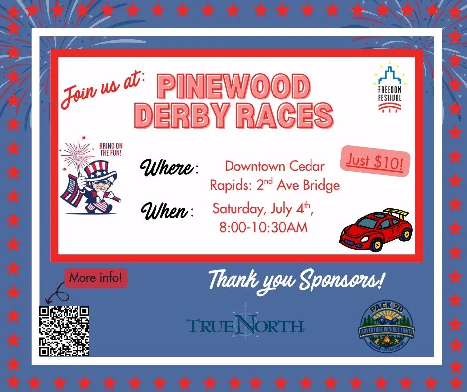 🚗 Registration for the Pinewood Derby Races is NOW OPEN! 🎉

Give your kids a fun, hands-on Freedom Festival tradition this Fourth of July! For just $10, each participant receives a complete car kit, including the car, wheels, weights, and decoratin