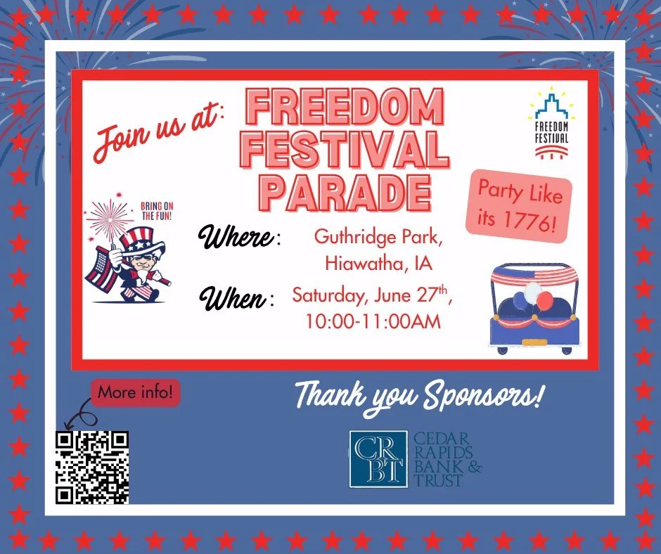 🎉 Parade Registration is OPEN!

Join us for the 2026 Freedom Festival Parade as we celebrate in our brand-new Hiawatha location for the very first time! This year&rsquo;s theme, &ldquo;Party Like It&rsquo;s 1776: America&rsquo;s Birthday Bash,&rdquo