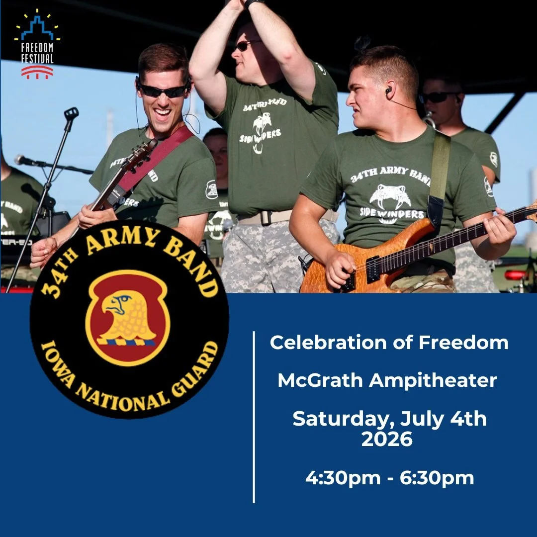 Get ready for an exciting live performance at the Celebration of Freedom 🎉🎆 The 34th Army Band will be performing from 4:30PM-6:30PM bringing nonstop energy, great music, and all your favorite patriotic songs 🎺🥁

This talented group will fill the