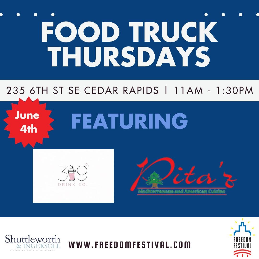 Join us on June 4th at Shuttleworth &amp; Ingersoll, P.L.C. for our second Food Truck Thursday of the year from 11:00 AM&ndash;1:30 PM!

Come enjoy delicious food and drinks from @319 Drink Co and Pita'z Mediterranean and American Cuisine  while supp