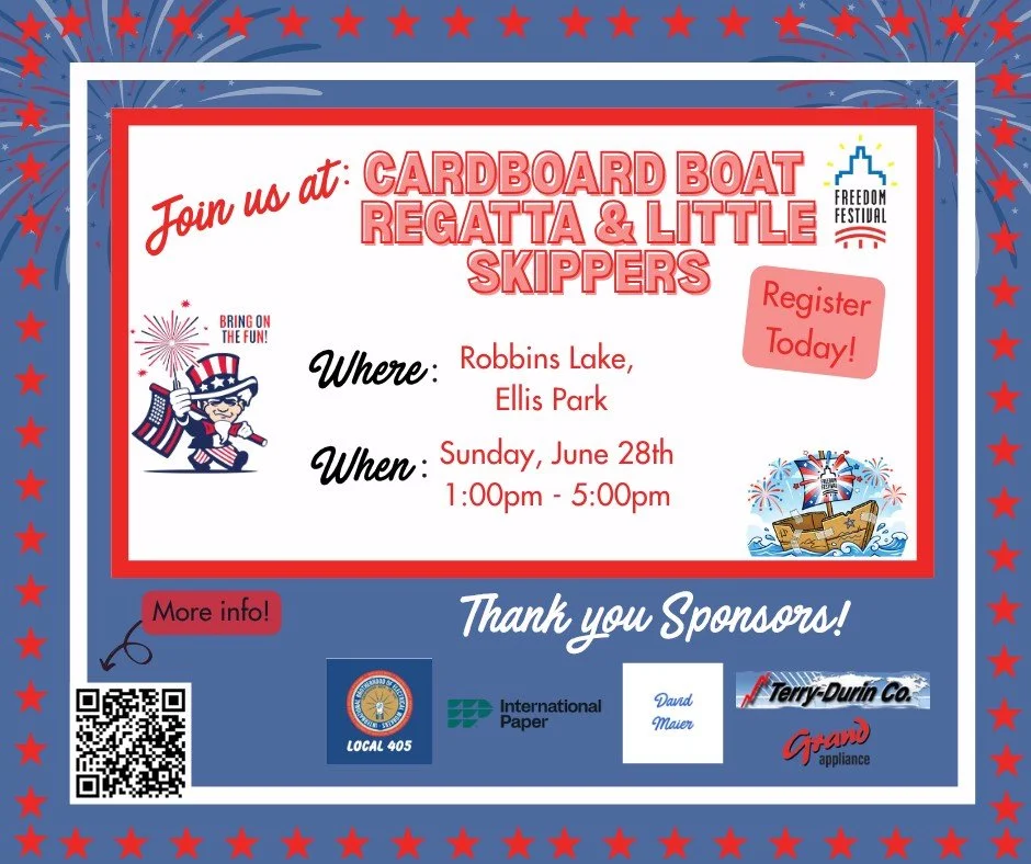 🚤 Ready to make a splash? Registration is now open for the Freedom Festival Cardboard Boat Regatta!

Gather your crew of 2&ndash;8 people, build your cardboard boat, and race head-to-head at Robbins Lake on Sunday, June 28th at 1:00 PM for the chanc