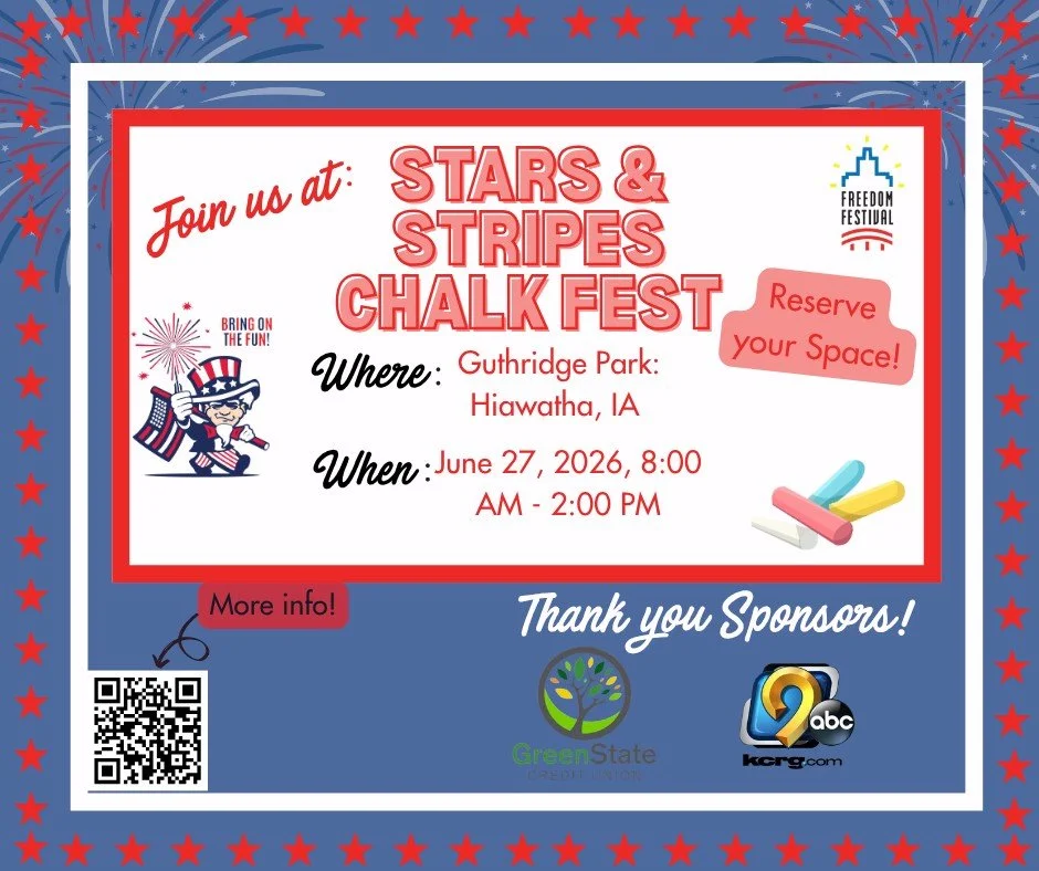 Registration for the Stars &amp; Stripes Chalk Fest is NOW OPEN!🎨

📍Guthridge Park, Hiawatha, IA
 June 27 | 8:00 AM &ndash; 2:00 PM 

Get ready to unleash your creativity at one of our newest Festival Week events! The Stars &amp; Stripes Chalk Fest