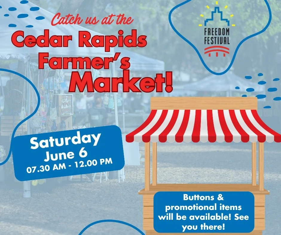 🎉 Exciting News, Freedom Festival Fans! 🎉

Join us at the Cedar Rapids Farmers Market this Saturday from 7:30 AM&ndash;12:00 PM! Stop by our booth to grab your Freedom Festival button and check out our brand-new 2026 Freedom Festival apparel!

Whet