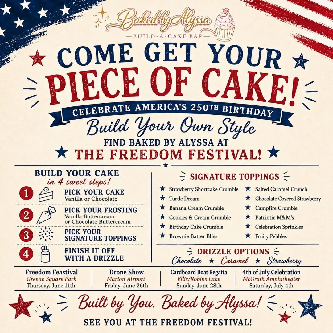 🍰🎆 BIG NEWS, FREEDOM FESTIVAL FANS! 🎆🍰

We are beyond excited to welcome Baked by Alyssa  to the Freedom Festival family this summer!

You'll be able to find Alyssa and her famous treats at Feastival, Drone Show, Cardboard Boat Regatta, and our 4