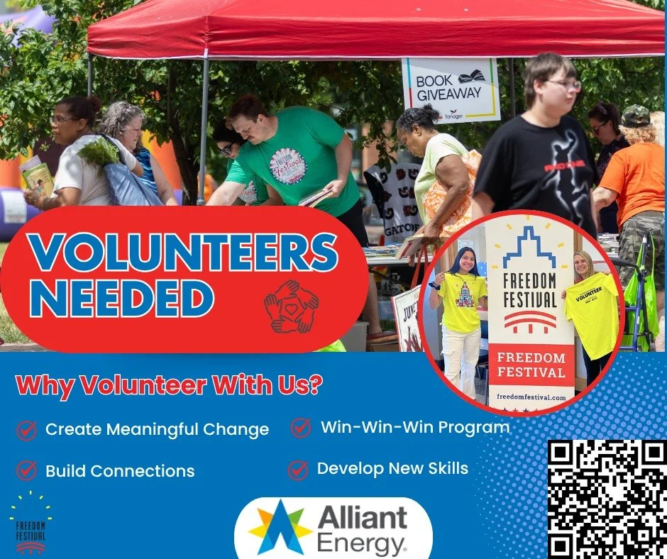 🙌🎉 Volunteer with Freedom Festival and Make It a Win-Win-Win! 🎉🙌

Thanks to the generous support of Alliant Energy, our Win-Win-Win Volunteer Program is back, and we're looking for enthusiastic volunteers to help make this year's Freedom Festival